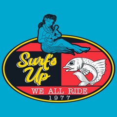 surf style print with hawaiian woman and text blue background