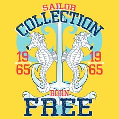 seahorses and anchor with text and yellow background