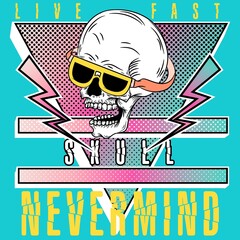 skull with glasses on pink triangle and lightning text and blue background