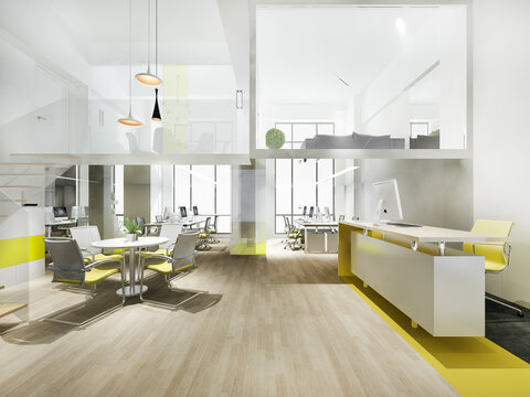 3d rendering business meeting and yellow working room with stair
