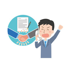 契約の連絡を電話でもらい喜ぶ会社員男性