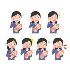 携帯電話で話す赤ちゃんを抱いた母親_210827