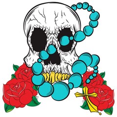 skull with blue rosary on red roses