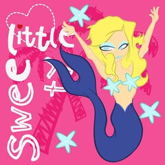 cartoon happy mermaid and starfish text and palm tree pink background