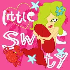 cartoon happy mermaid and starfish text and palm tree pink background