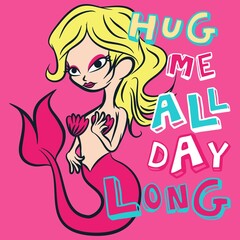 cartoon happy mermaid text and pink background