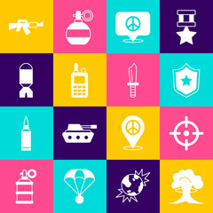 Set Nuclear explosion, Target sport, Police badge, Location peace, Walkie talkie, Rocket launcher, M16A1 rifle and Military knife icon. Vector