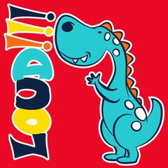 Funny cartoon blue dinosaur, colorful text and red background