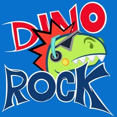 Cute Dinosaur punk with glasses and headphones text and blue background