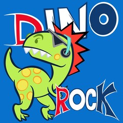 Fototapeta na wymiar Cute Dinosaur punk with glasses and headphones text and blue background