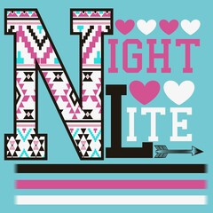 college style print, text letter with tribal background and blue background