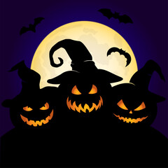 Three pumpkins in hats under a full moon. Halloween greeting card.