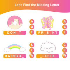 Find the missing letter of the Unicorn game for Preschool. Missing letters of unicorn game and write them in the appropriate places. Educational spelling printable game worksheet. Vector illustration.