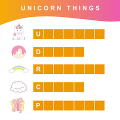 Unicorn Things Names Worksheet. Worksheet for learning English. Educational activity. Educational printable math worksheet. Preschool Education. Vector illustration.