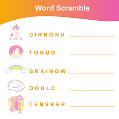 Word Scramble for Preschool. Worksheet for learning English. Educational activity. Educational printable math worksheet. Preschool Education. Vector illustration.