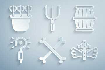 Set Crossed human bones, Gun powder barrel, Magic wand, Christian cross, Neptune Trident and Quiver with arrows icon. Vector