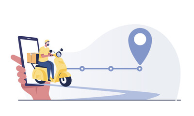Online delivery services tracking app, scooter ,and package by mobile phone.