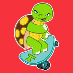 turtle on skateboard with red background