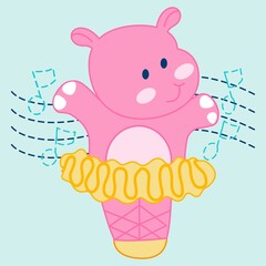 cute hippo dancing, music notes and blue background