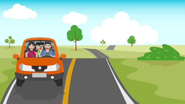Family time travel to nature atrea. Father drives his wife and son with a dog. Happy family rides car on journey. Wide open field with asphalt roads cut through on day. Cartoon vector illustration.