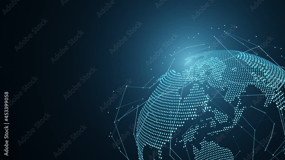 Poster rotating hologram planet earth surrounding by abstract lines and dots data. seamless loop. for globa