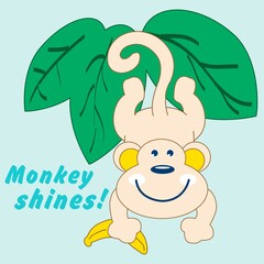 cute monkey with his banana, leaves and text on blue background