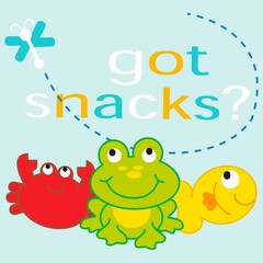 cute , crab, frog,fish hugging, text on blue background