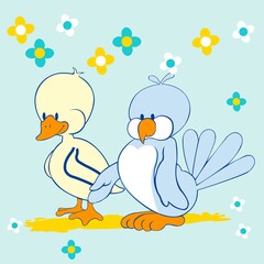 cute dove and duck with flowers and blue background