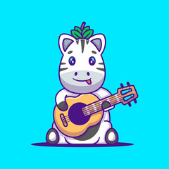 Cute Zebra playing Guitar Cartoon Illustration. Animal Flat cartoon Style Concept