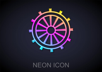 Glowing neon line Ship steering wheel icon isolated on black background. Vector