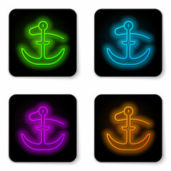 Glowing neon line Anchor icon isolated on white background. Black square button. Vector