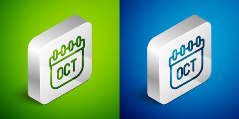 Isometric line October calendar autumn icon isolated on green and blue background. Silver square button. Vector