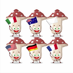 Amanita cartoon character bring the flags of various countries