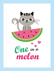 cute kitten cat and watermelon one in a melon vector