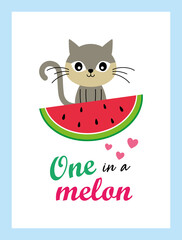 cute kitten cat and watermelon one in a melon vector