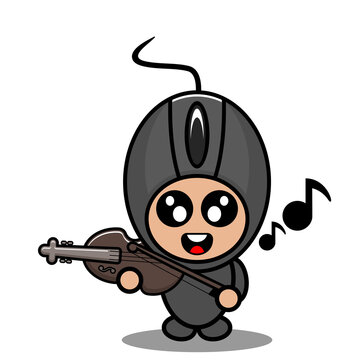 doodle vector cartoon character cute computer mouse mascot costume playing violin