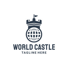 Castle combination with globe in white background, vector logo design flat minimalist