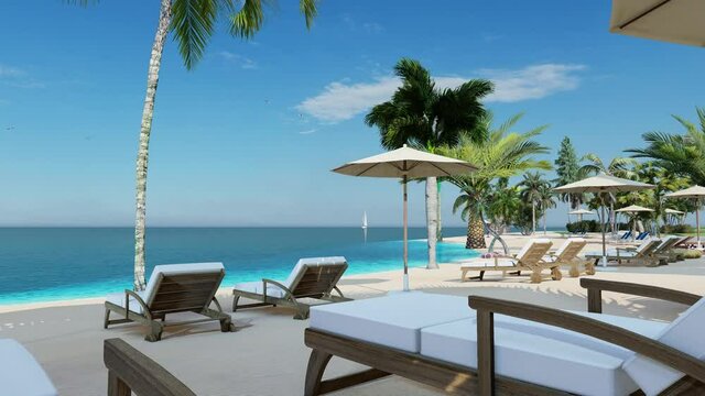 4K Ultra Hd. Blue ocean white sand beach nature tropical palms Island. Caribbean sea and sky. Small wild beach chairs. Palms turquoise sea background Atlantic ocean. 