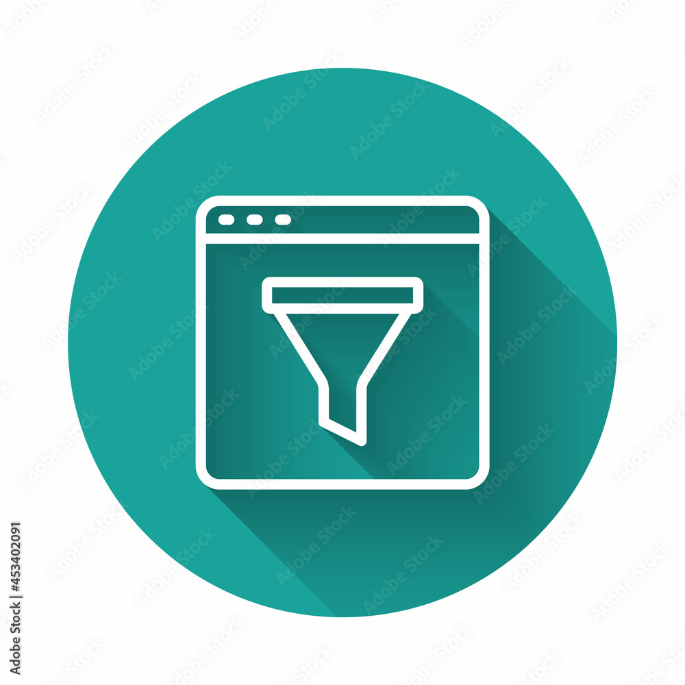 Poster White line Browser window icon isolated with long shadow background. Green circle button. Vector