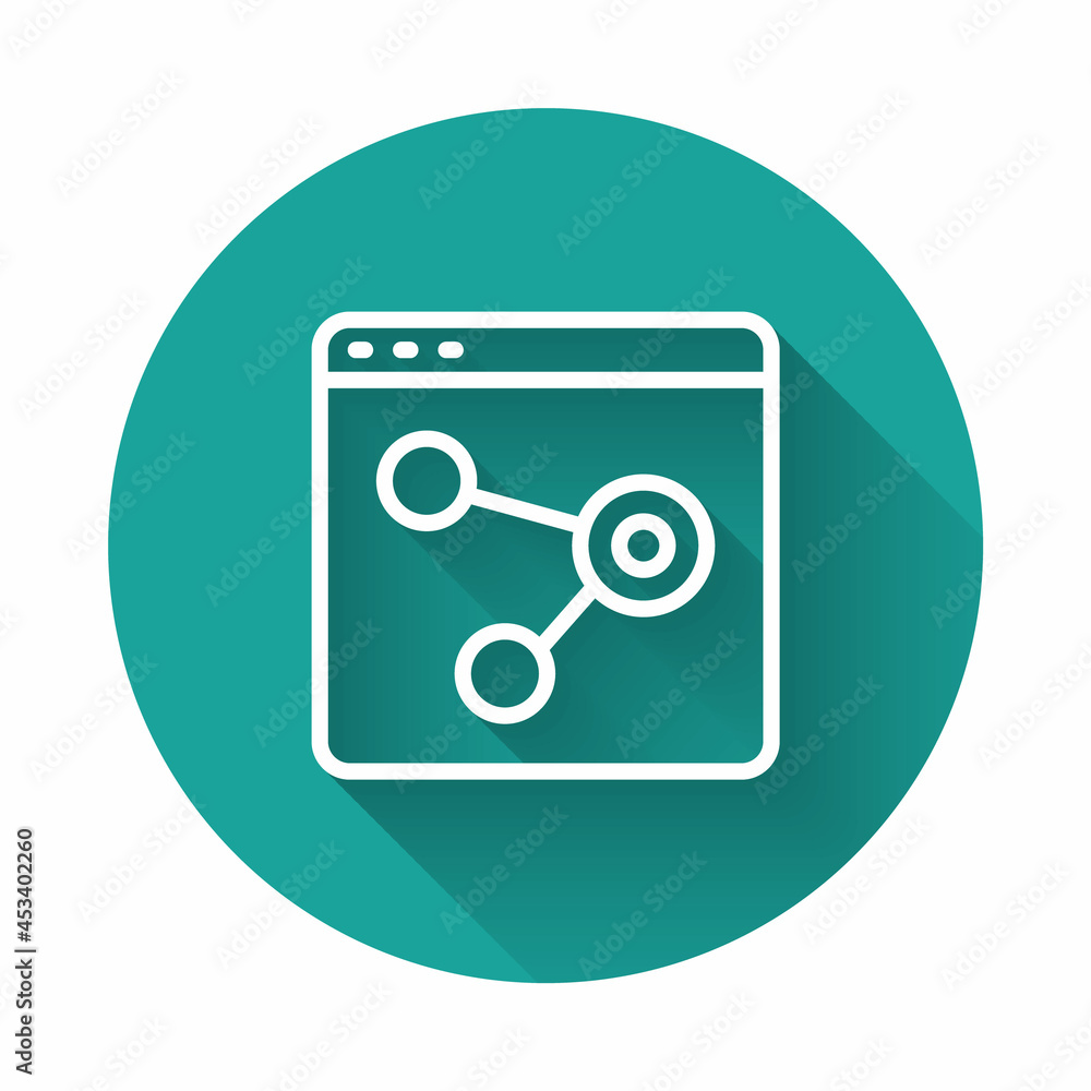 Poster White line Browser window icon isolated with long shadow background. Green circle button. Vector