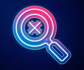Fototapeta premium Glowing neon line Magnifying glass and delete icon isolated on blue background. Search, focus, zoom, business symbol. Vector