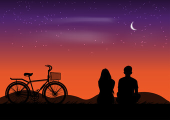graphics drawing couple sit and view nature landscape silhouette after sunset for wallpaper background vector illustration
