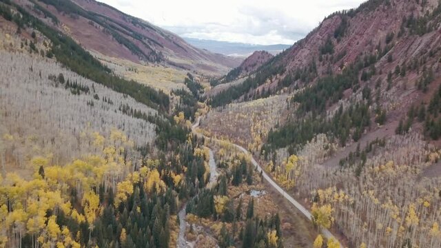 Drone aerial over Aspen Colorado in the fall season. 