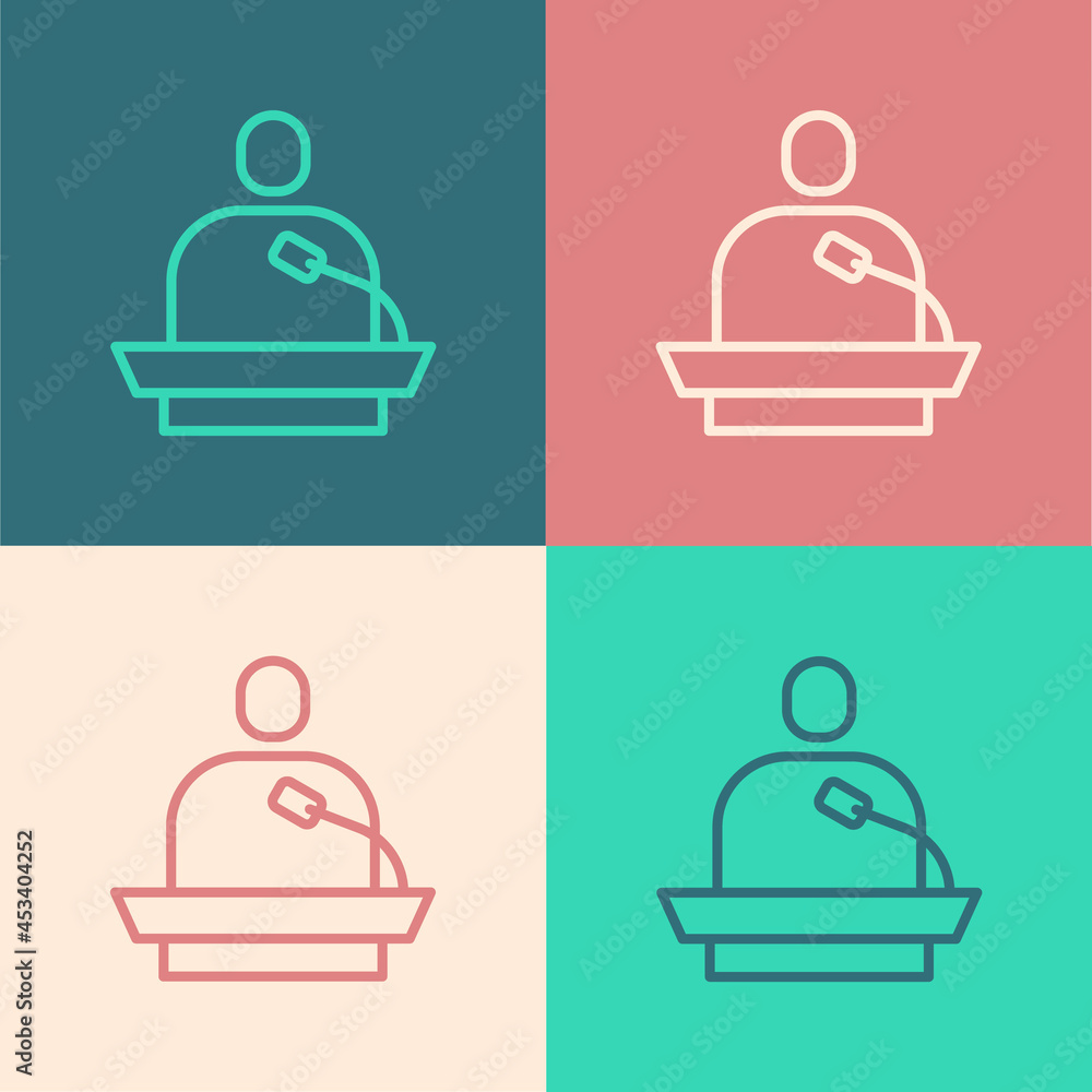 Poster pop art line gives lecture icon isolated on color background. stand near podium. speak into micropho