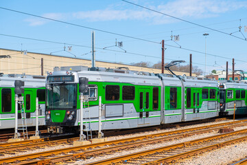 Boston Metro MBTA Green Line Type 9 modern fleet by CAF USA at Riverside terminal station, Newton,...