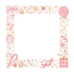 Watercolor square frame with pink and gold set of elements for Valentine's day. Sweets, hearts, jewellery, bows, flowers, garlands, gifts isolated on white background.