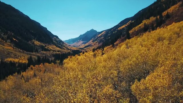 Drone aerial over Aspen Colorado in the fall season. 