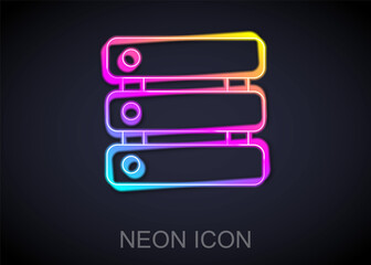 Fototapeta premium Glowing neon line Server, Data, Web Hosting icon isolated on black background. Vector