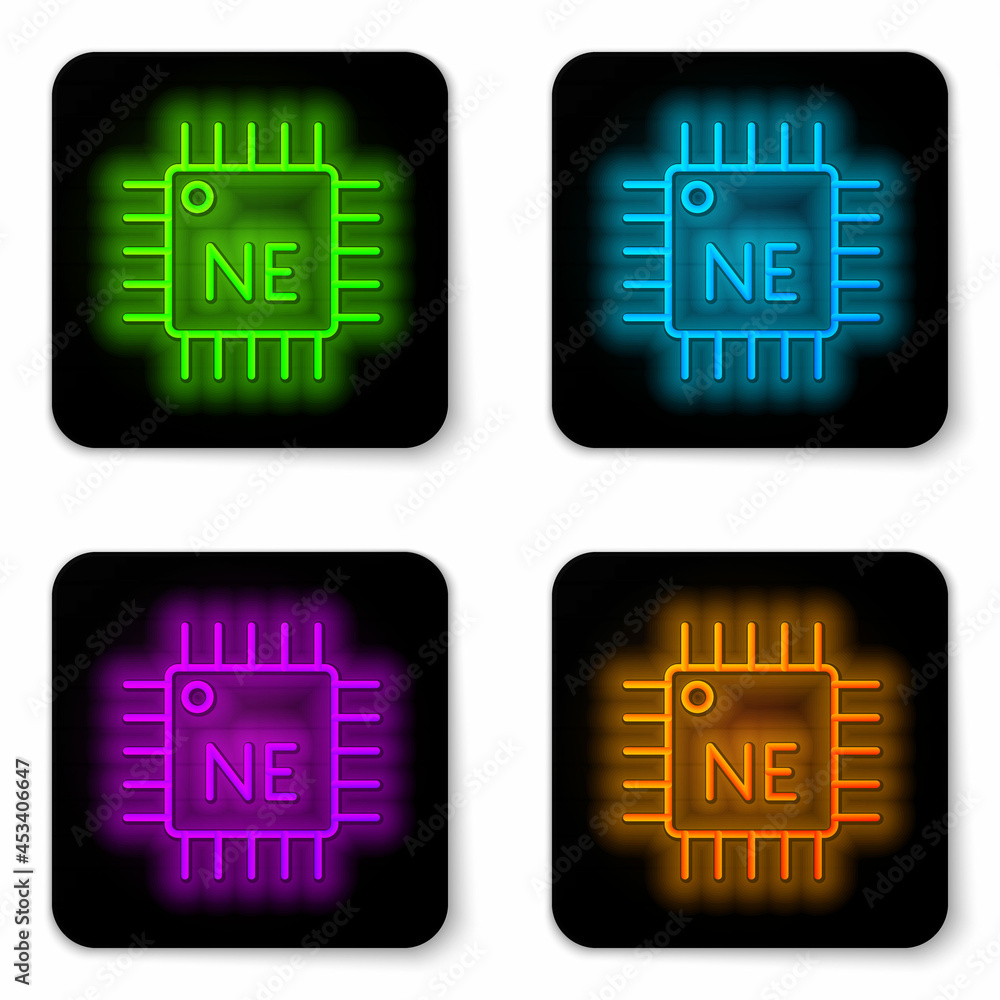 Poster glowing neon line computer processor with microcircuits cpu icon isolated on white background. chip 