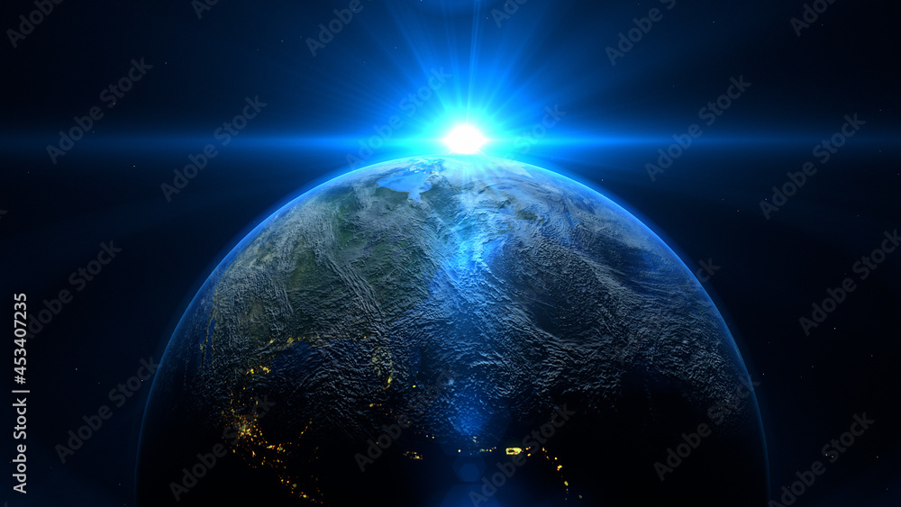 Wall mural blue sunrise and shadow on the earth rotate in space with star in universe. world realistic atmosphe